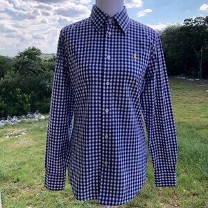 Polo Ralph Lauren Sport Women's Blue White Gingham Button-Down Shirt Size 8 Work